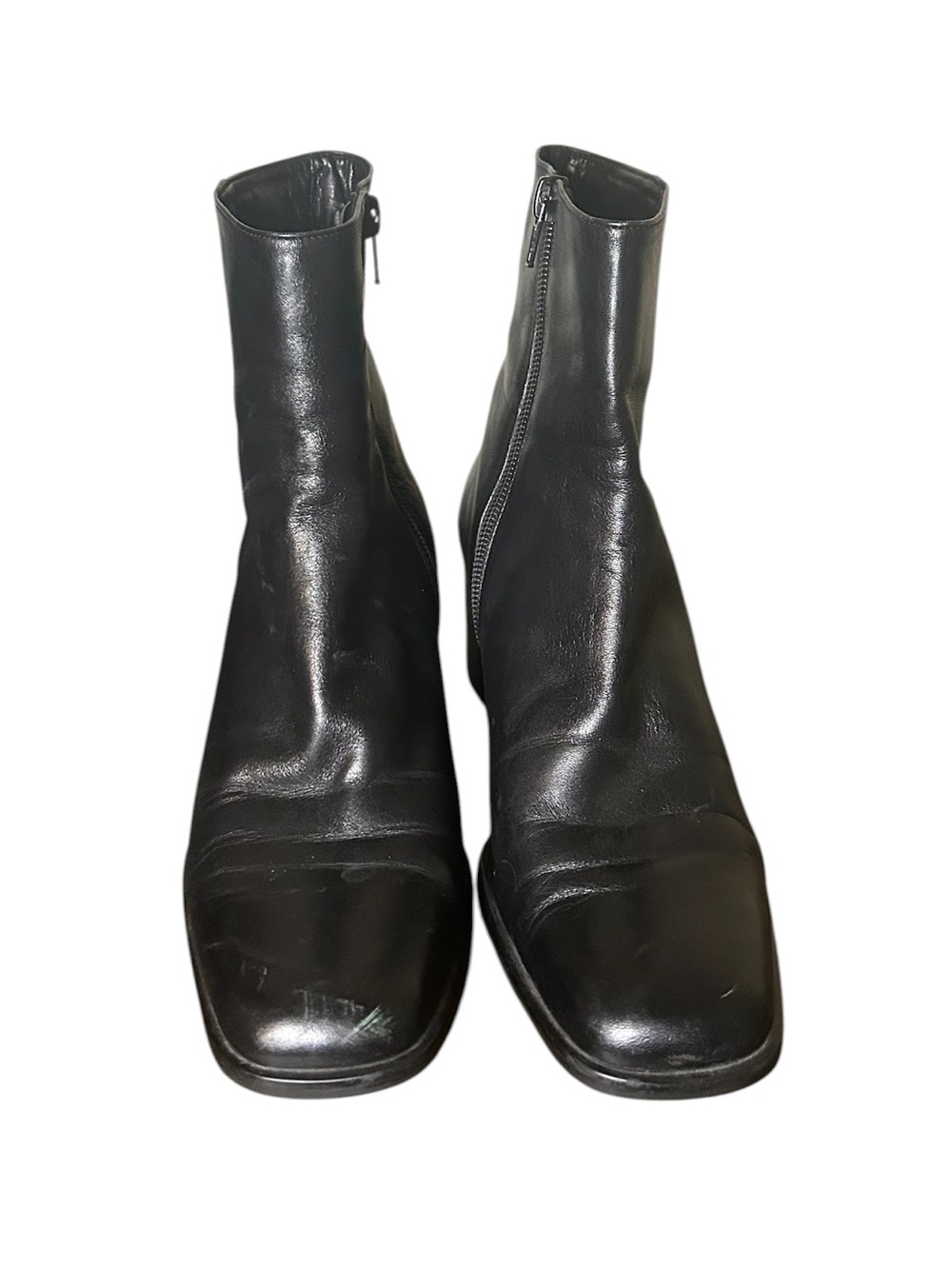 Black Leather Ankle Boots Block Heel Zip Closure Size 37 - Picture 2 of 6